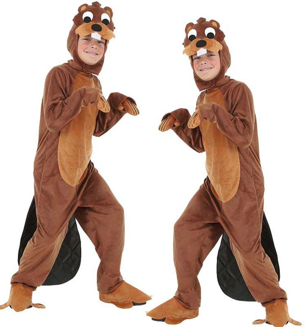 Child wearing brown beaver costume with hood and tail