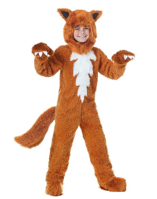 Child wearing fluffy rust-orange fox onesie costume with white chest patch and tail