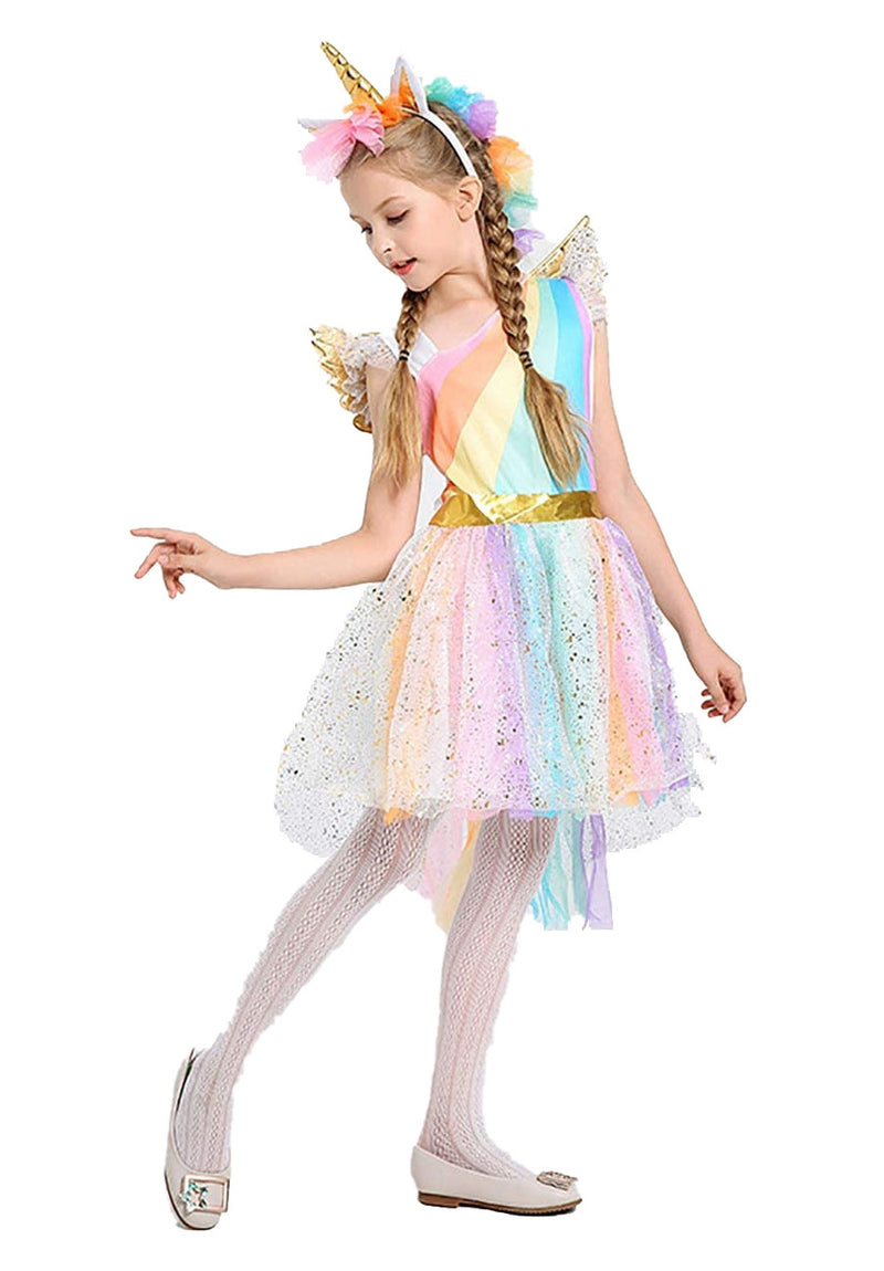 Child wearing rainbow unicorn princess costume with golden horn headband and layered tutu dress