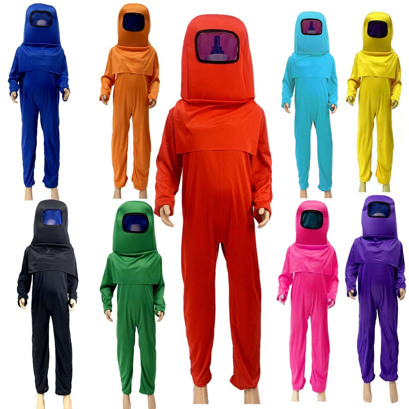 Kids blue space crew jumpsuit costume with purple tinted visor