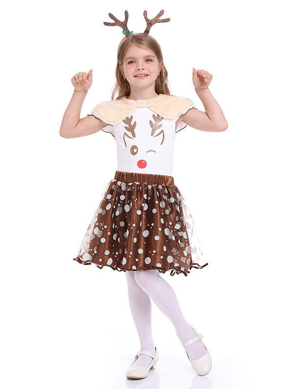 Kids reindeer costume dress with antler headband and faux-fur collar, front view