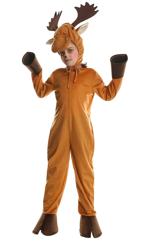 Child wearing tan moose onesie costume with brown antlers and plush snout