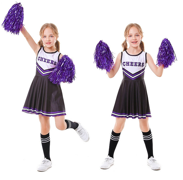 Kids black and purple cheerleader costume dress with CHEERS print and pleated skirt