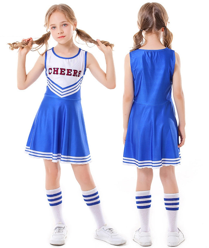 Kids blue cheerleader dress with CHEERS print and pleated skirt