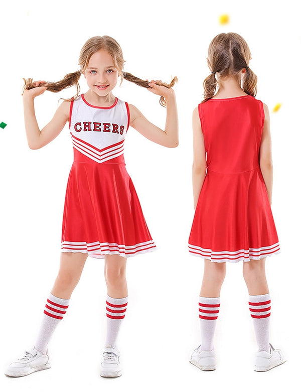 Child wearing red and white cheerleader dress with pom-poms