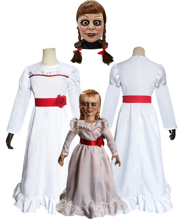 Kids creepy doll costume with white ruffled dress and red sash, full view