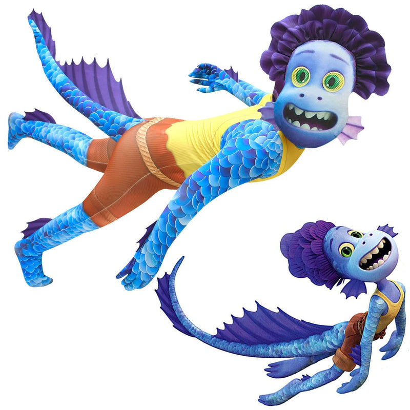 Kids sea monster morph suit costume front view with blue scales and purple fins