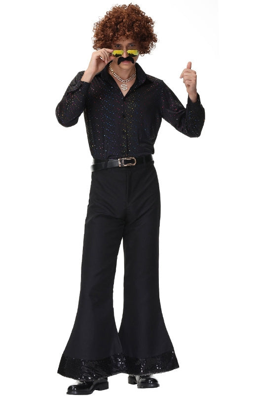 Men's black sequin disco shirt with multi-coloured sequins and wide collar