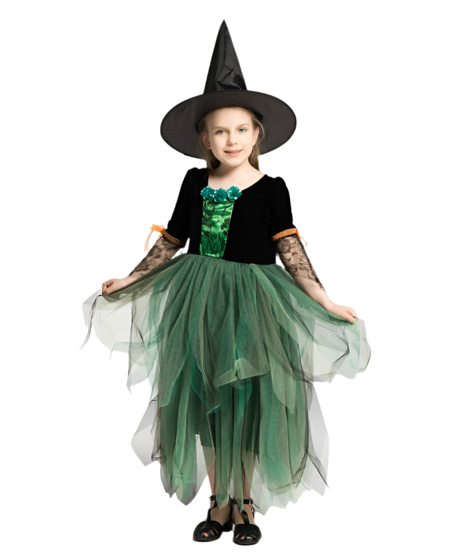 Kids witch costume with emerald green bodice and black tulle skirt