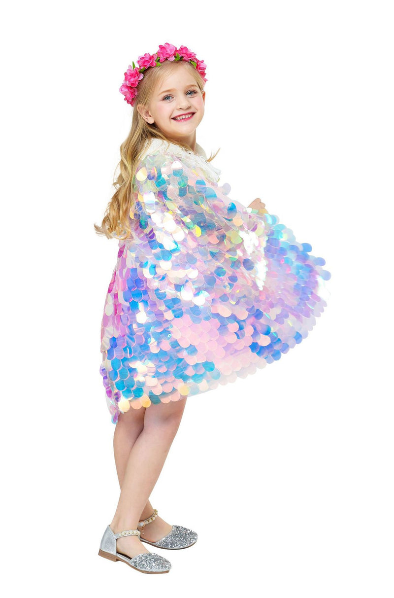 Child wearing iridescent sequin mermaid dress with overlapping scale pattern in pastel colours