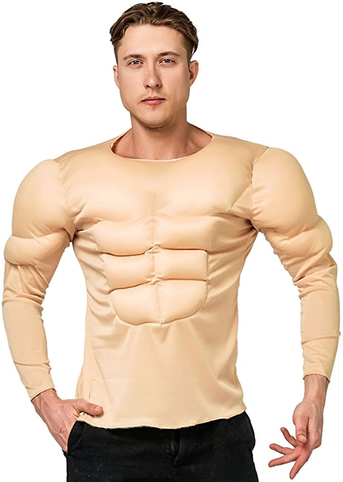 Kids muscle suit costume with padded abs and arms on tan fabric