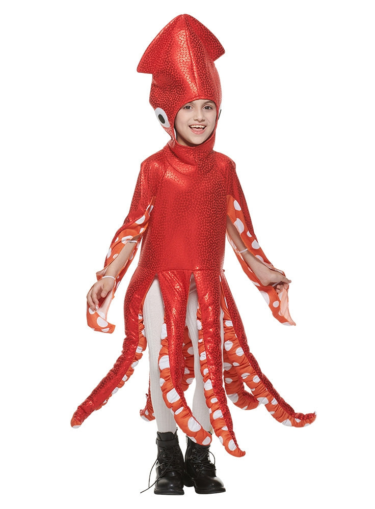 Child wearing red sequin squid costume with cone hood and tentacles