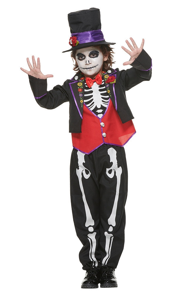 Child wearing black Day of the Dead skeleton costume with purple-trimmed bolero jacket and red vest