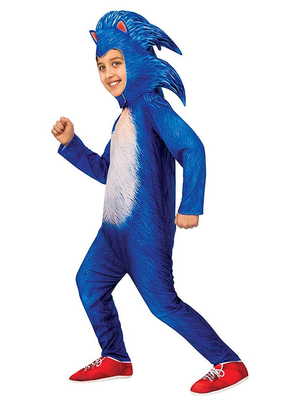 Blue hedgehog costume with spiked hood and red shoe covers - front view