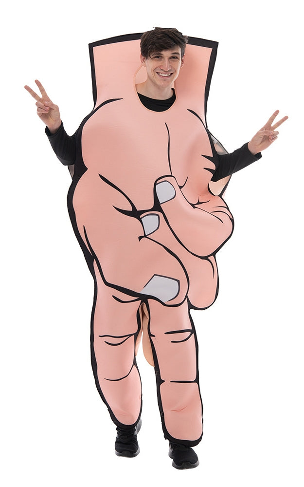 Kids wearing giant crossed fingers hand costume with black outfit underneath