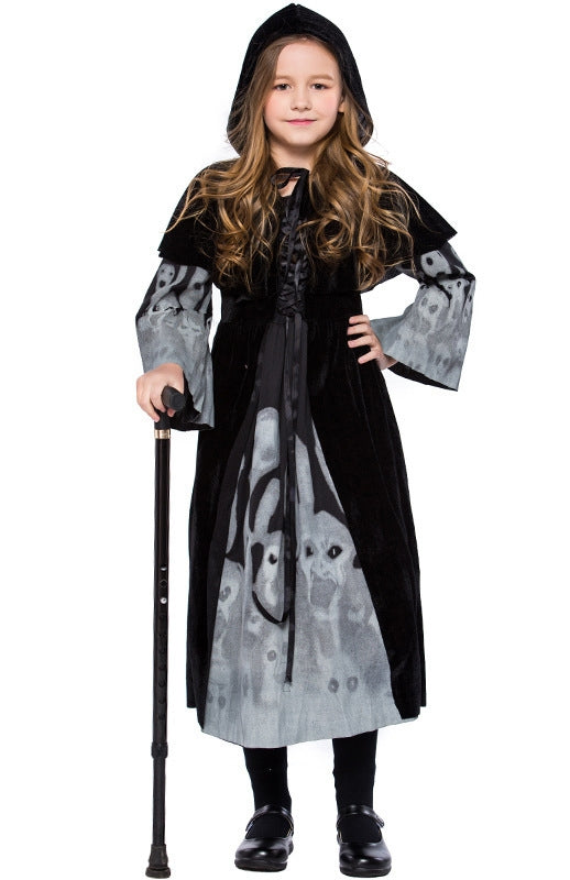 Kids glow-in-the-dark witch costume with black hooded robe and neon skeleton panels