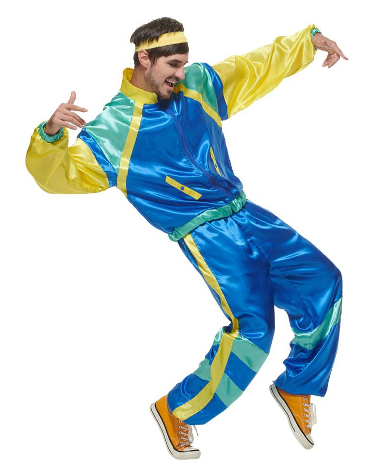 Men's 80s retro tracksuit costume in bright blue and yellow with windbreaker jacket and matching track pants