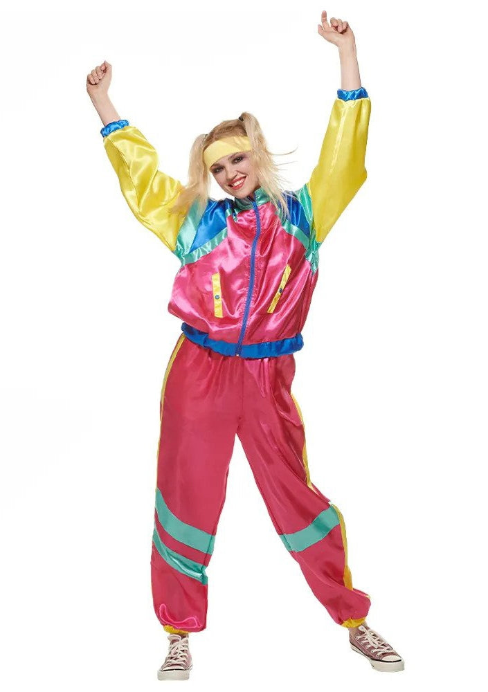 Women's 80s retro tracksuit costume in hot pink with colour-block windbreaker jacket and matching pants