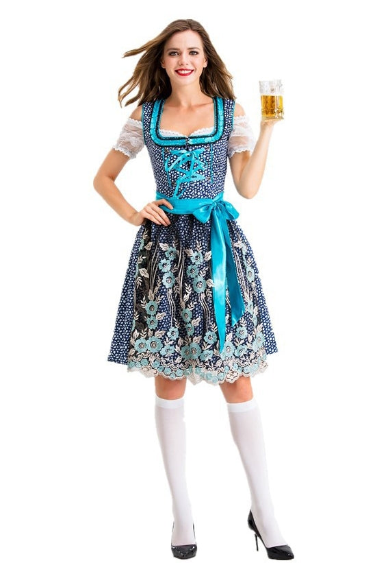 Women's blue Oktoberfest dirndl costume with turquoise apron and white lace sleeves