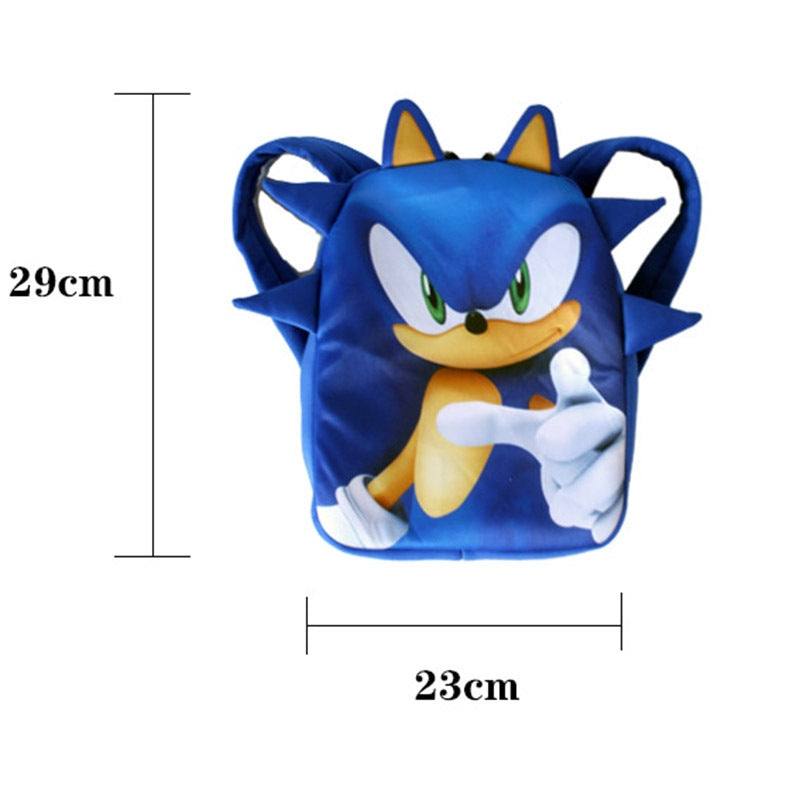 Blue hedgehog character backpack with 3D spikes, front view showing thumbs-up cartoon print