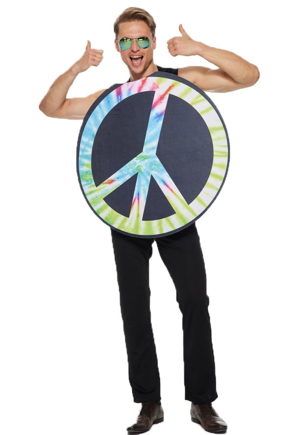 Kid wearing giant circular peace sign costume with tie-dye background in blues, greens and pinks