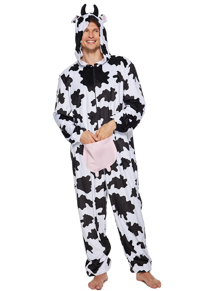 Adult cow onesie costume with black and white spots and horns