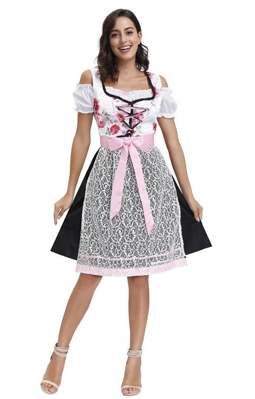 Women's Bavarian dirndl costume with rose print white bodice and black skirt