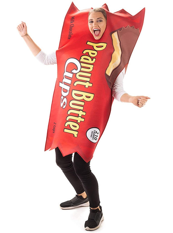 Child wearing bright orange peanut butter cup wrapper tunic costume with nutrition label print