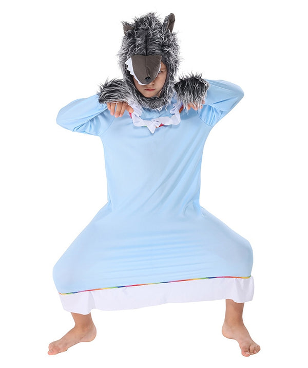Child wearing wolf granny costume with fluffy grey wolf hood and pale blue robe