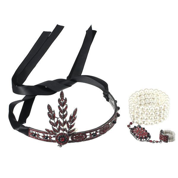 Red 1920s flapper costume headpiece bracelet ring set