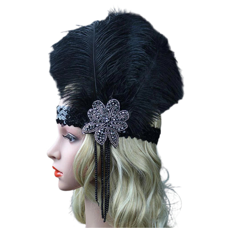 Black Feather Flapper 20s Gatsby Headpiece