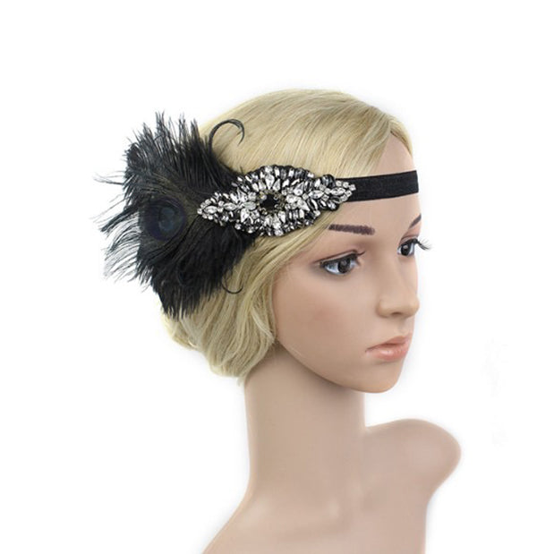 1920s Feather Vintage Bridal Great Gatsby Black Flapper Headpiece