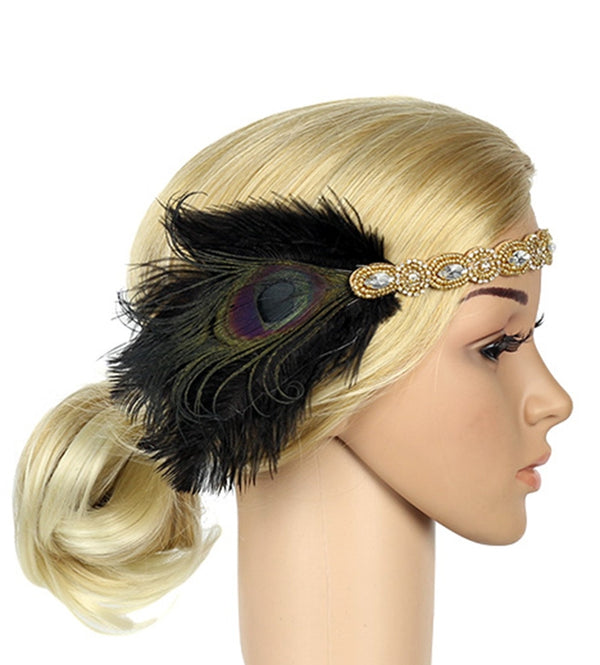 Adult 1920s Flapper Headband - Gold Beaded Gatsby Feather Accessory