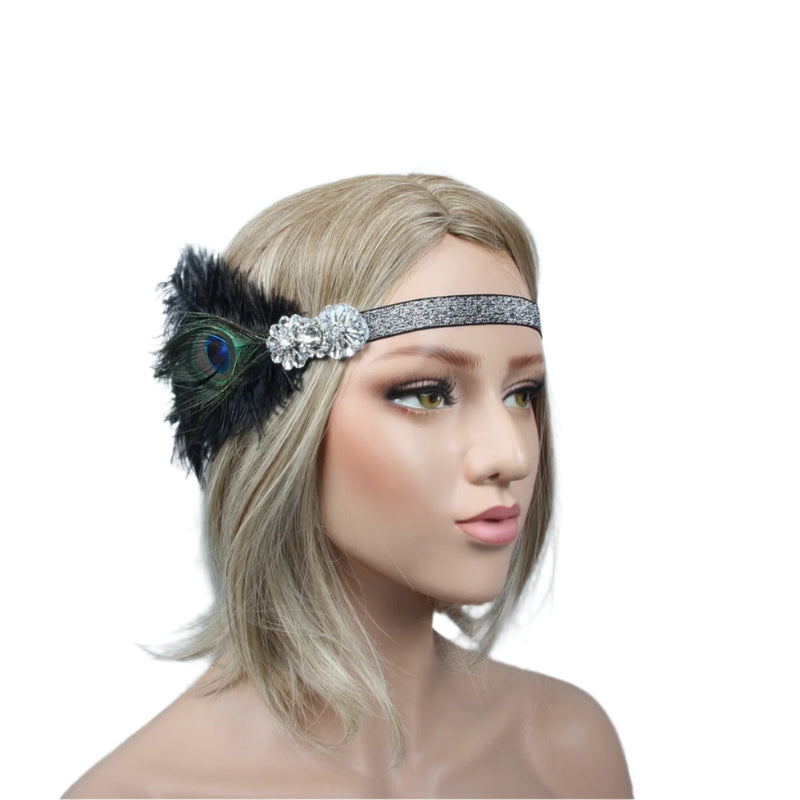 Ladies Black Feather Gangster Gatsby Flapper Headpiece
