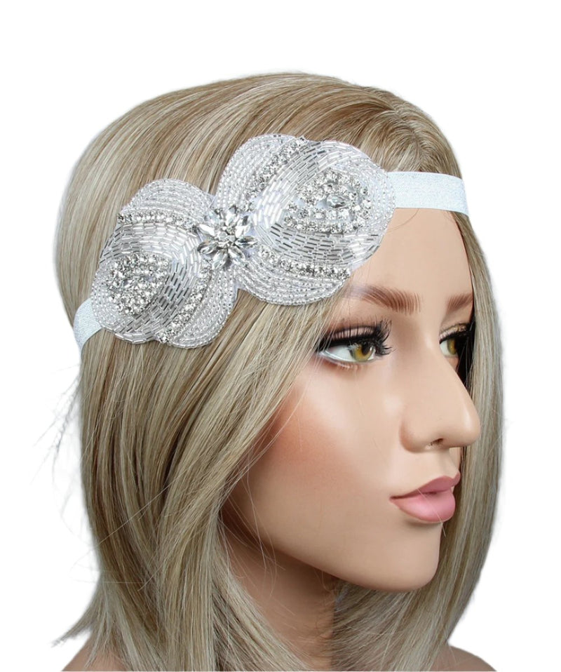 Adult 1920s Flapper Headband - Silver Art Deco Beaded Gatsby Accessory