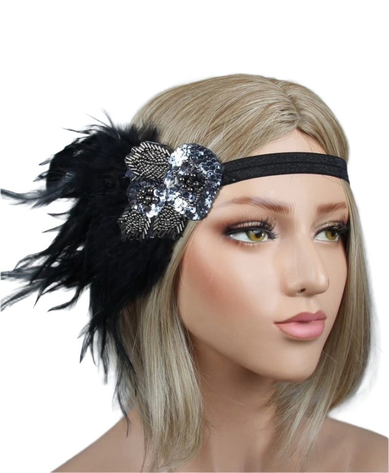 Adult 1920s Flapper Headband - Black Feather Gatsby Costume Accessory