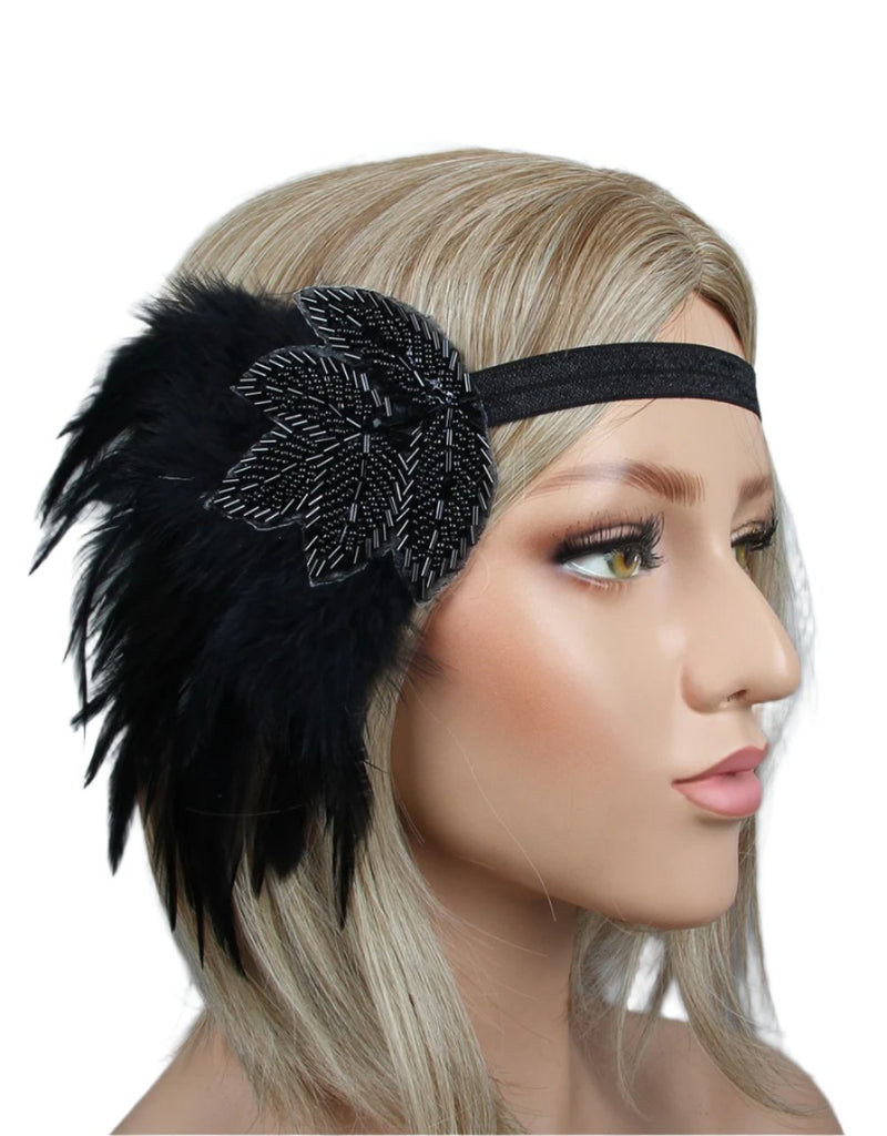 Adult 1920s Flapper Headband - Black Feather Gatsby Costume Accessory