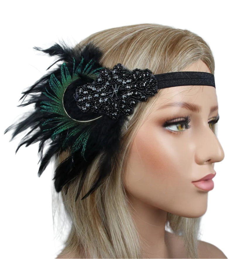 Adult 1920s Peacock Flapper Headband - Black Beaded Gatsby Feather Accessory