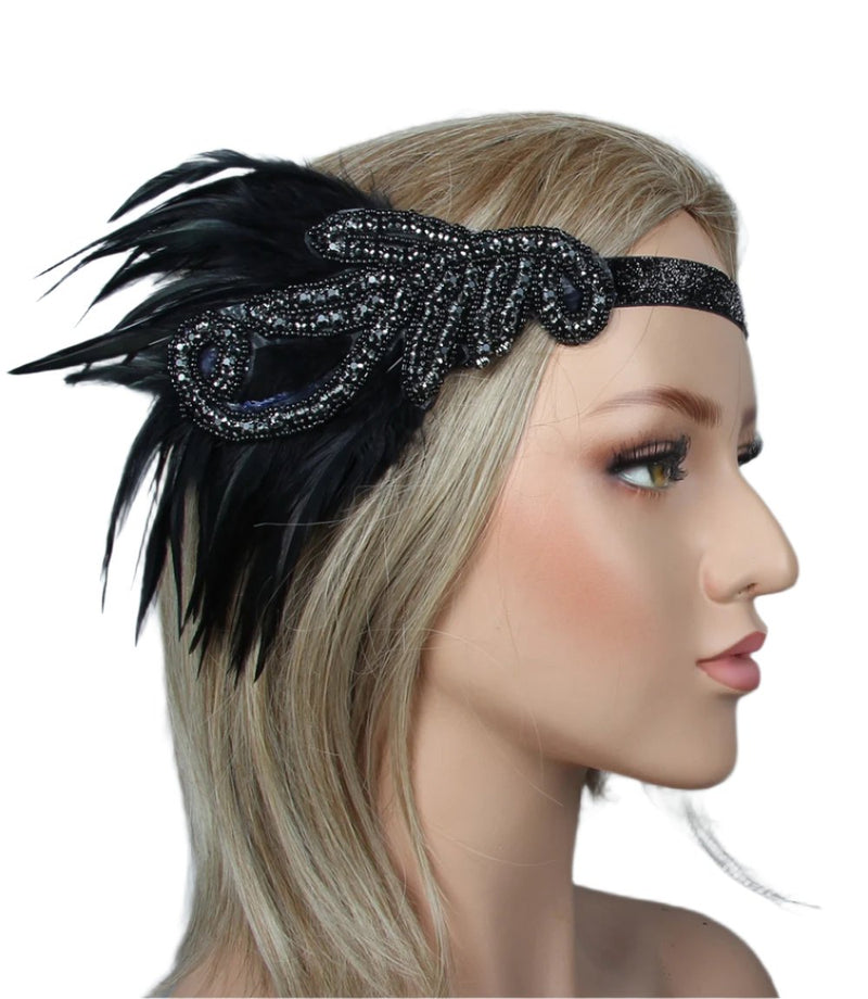 Womens Black Flapper Headband - 1920s Feather Costume Accessory