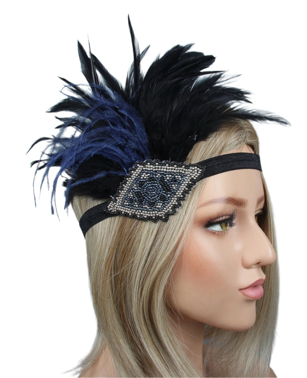 Adult 1920s Flapper Headband - Gatsby Feather & Beaded Costume Accessory