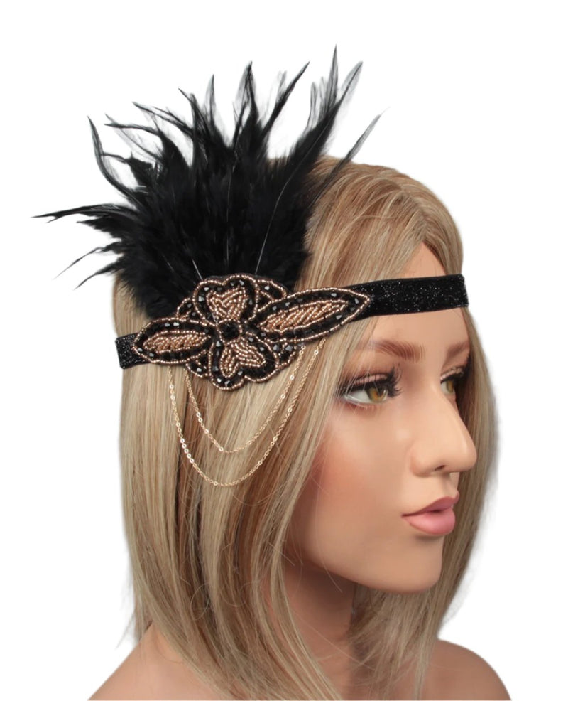 Adult 1920s Flapper Headband - Black Feather & Gold Beaded Gatsby Accessory