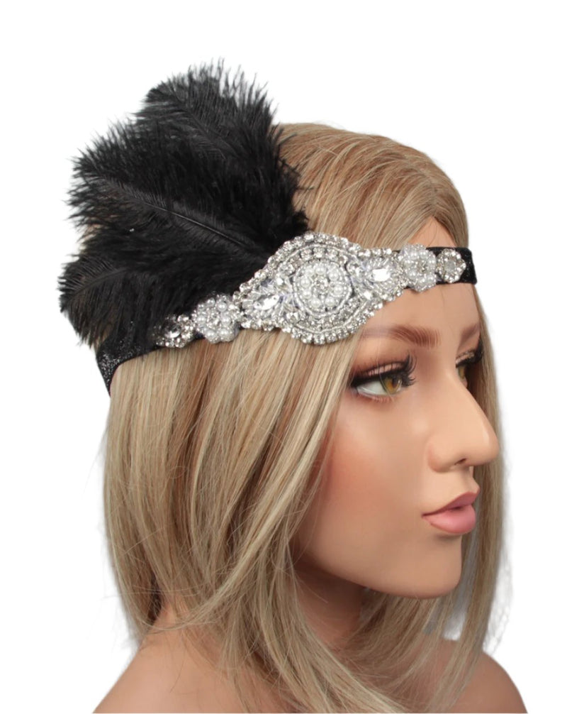 Adult 1920s Flapper Headband - Black Feather Great Gatsby Headpiece