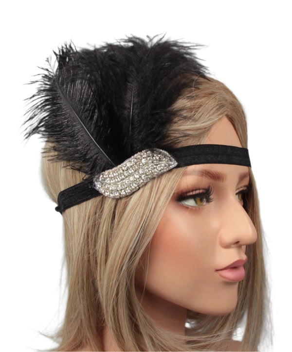 Adult 1920s Flapper Headband - Black Feather Gatsby Accessory