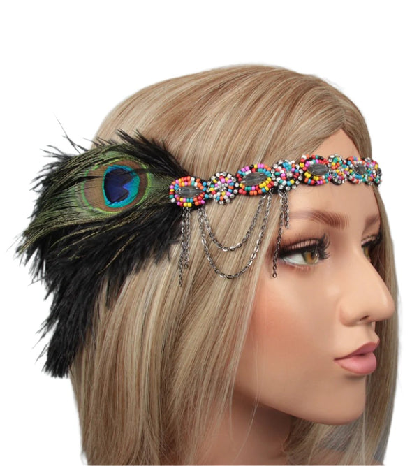 Adult 1920s Flapper Headband - Great Gatsby Beaded Feather Costume Accessory
