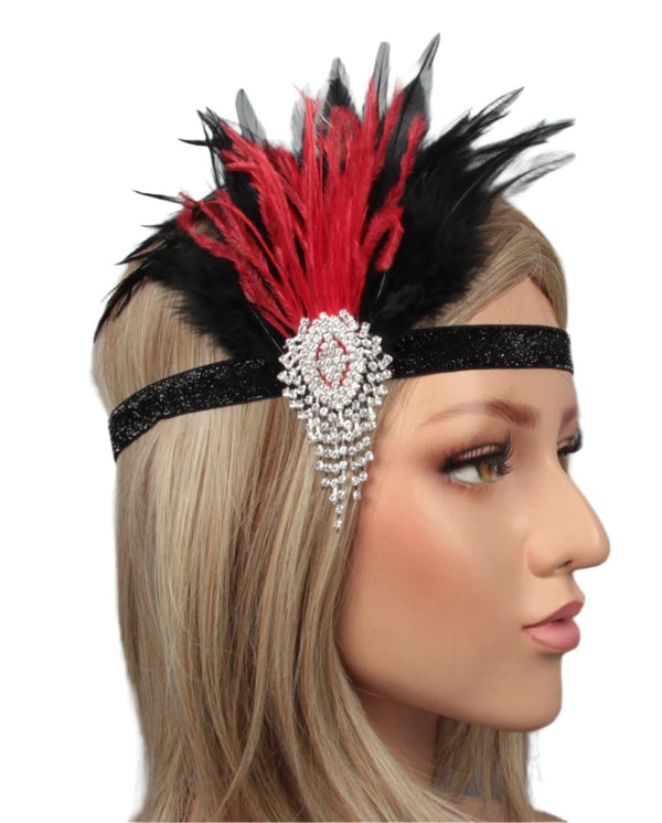 Adult 1920s Flapper Headband - Black Red Feather Gatsby Costume Accessory