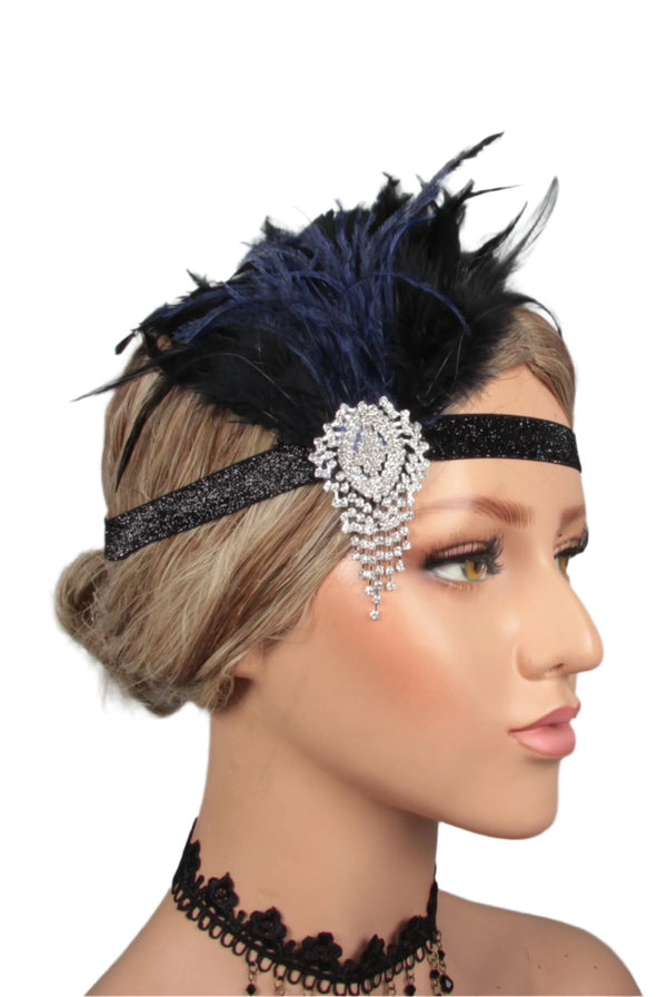 Adult 1920s Flapper Headband - Black Feather Gatsby Headpiece with Rhinestone