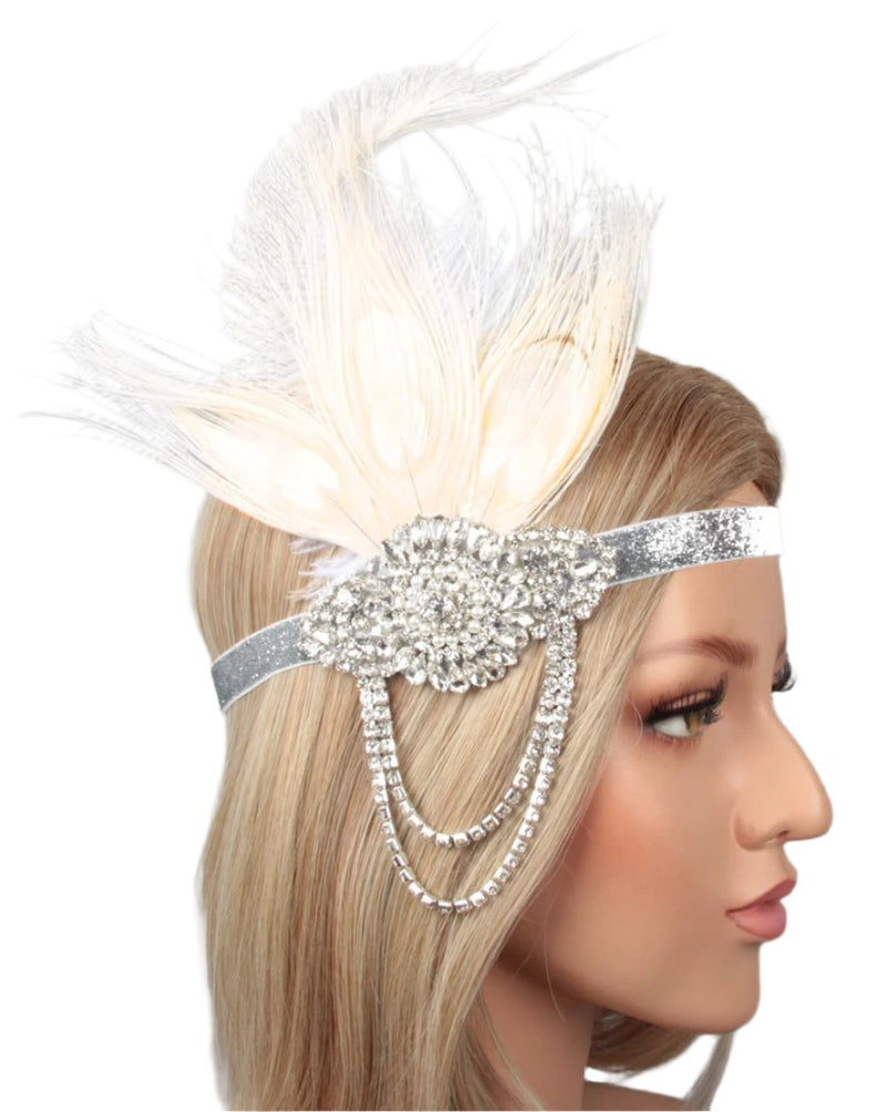 1920s White Feather Vintage Bridal Great Gatsby Flapper Headpiece