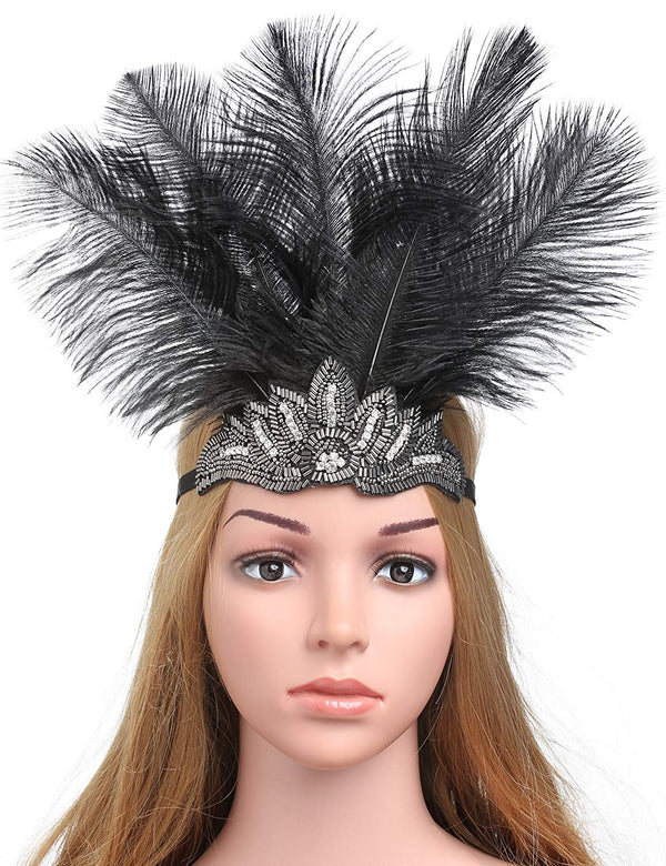 1920s Black Feather Great Gatsby Flapper Headpiece