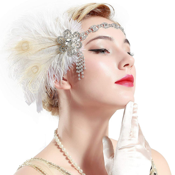 Adult 1920s Flapper Headband - Gatsby Feather & Rhinestone Accessory