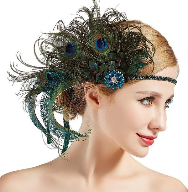 Adult 1920s Flapper Headband - Peacock Feather Gatsby Costume Accessory